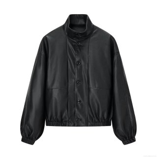 Women Fashion Faux Leather Jacket Short Loose Fit Stand Collar PU Biker Coat With Elastic Hem Windproof Outwear For Winter Casual Streetwear Ladies