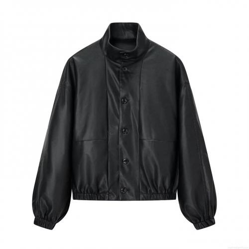 Women Fashion Faux Leather Jacket Short Loose Fit Stand Collar PU Biker Coat With Elastic Hem Windproof Outwear For Winter Casual Streetwear Ladies