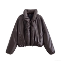 Women's Faux Leather Padded Jacket 100% Polyester Lining Zipper Up Lapel Collar Oversized Winter Warm Casual Streetwear Solid Color Jacket With Pockets