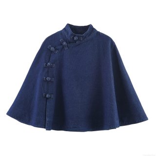 Women's Dark Blue Denim Cloak Jacket Chinese Style Frog Button Mandarin Collar Casual Sweet Loose Winter Poncho Outerwear Top