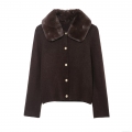 Women's Fashion Winter Knit Coat With Faux Fur Collar Metal Embossed Buttons Single Breasted Long Sleeve Solid Coffee Brown Cardigan Sweater Jacket For Women