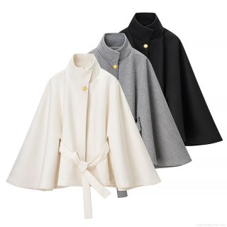 Women Short Woolen Cloak Coat Stand Collar Flare Sleeve Tie Waist Elegant Solid Winter Outwear Fashion Jacket Women Clothing