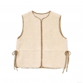 Women Fashion Lambswool Vest Beige Solid Color Sweet Zip Up Sleeveless Jacket With Adjustable Drawstring Waist Winter Warm Fleece Outerwear