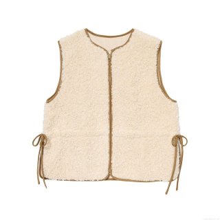 Women Fashion Lambswool Vest Beige Solid Color Sweet Zip Up Sleeveless Jacket With Adjustable Drawstring Waist Winter Warm Fleece Outerwear