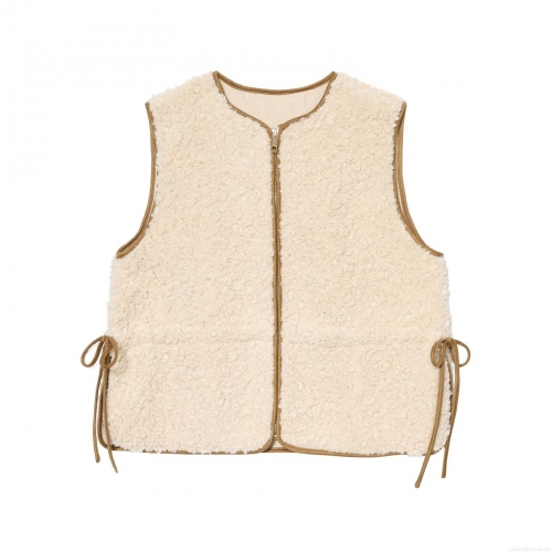 Women Fashion Lambswool Vest Beige Solid Color Sweet Zip Up Sleeveless Jacket With Adjustable Drawstring Waist Winter Warm Fleece Outerwear