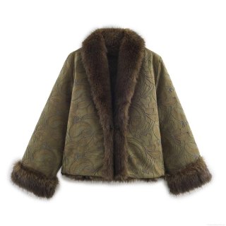 Women Vintage Paisley Embroidery Faux Suede Jacket With Faux Fur Collar Cuffs Ethnic Loose Short Coat Warm Winter Outwear