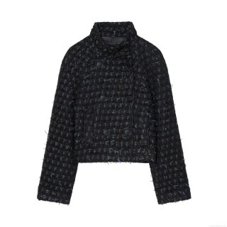 Women's Elegant Tweed Jacket Vintage Double Breasted Stand Collar Short Outerwear Office Lady Casual Long Sleeve Button Blazer Coat