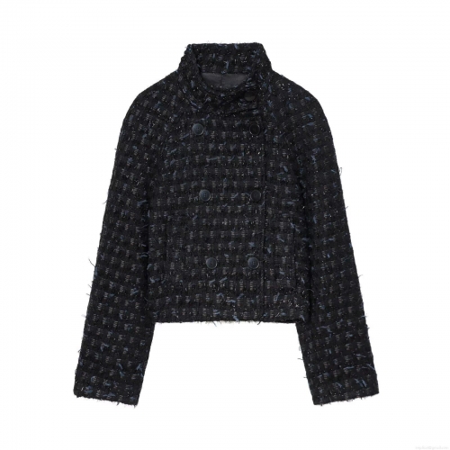 Women's Elegant Tweed Jacket Vintage Double Breasted Stand Collar Short Outerwear Office Lady Casual Long Sleeve Button Blazer Coat