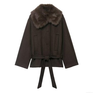 Women's Fashion Coffee Faux Fur Collar Coat Mid-Long Loose Fit Polyester Winter Jacket With Belt Warm Casual Outerwear For Ladies