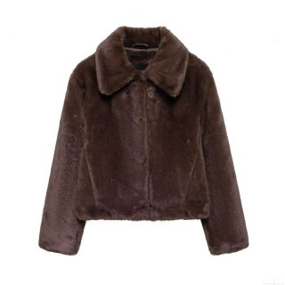 Women's Luxury Faux Fur Jacket Winter Casual Thick Warm Short Coat With Large Lapel Collar Dark Brown Fuzzy Outerwear For Ladies