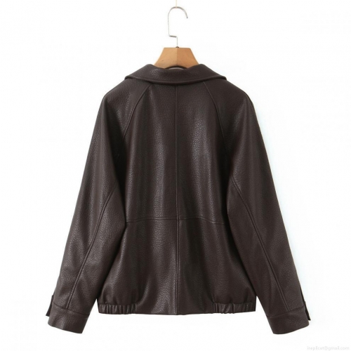 Women's Vintage Faux PU Leather Jacket Double Breasted Lapel Collar Loose Fit Streetwear Fashion Casual Outwear Coat For Women Autumn Winter