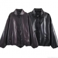Women's Faux Leather Jacket Retro Stand Collar PU Zip Up Bomber Outerwear Streetwear Solid Color Oversized Casual Coat for Lady