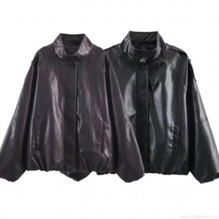 Women's Faux Leather Jacket Retro Stand Collar PU Zip Up Bomber Outerwear Streetwear Solid Color Oversized Casual Coat for Lady