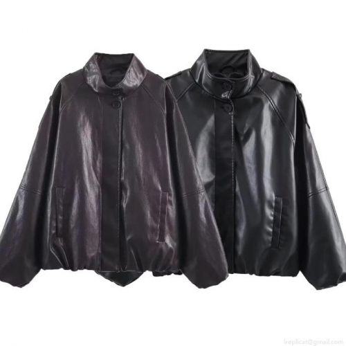 Women's Faux Leather Jacket Retro Stand Collar PU Zip Up Bomber Outerwear Streetwear Solid Color Oversized Casual Coat for Lady