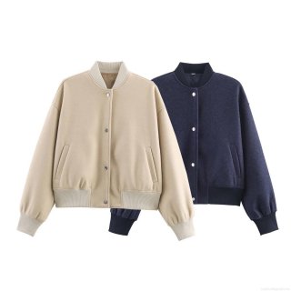 Women's Casual Oversized Wool-like Bomber Jacket Thick Polyester Solid Color Outerwear With Metal Buttons And Ribbed Cuffs For Streetwear