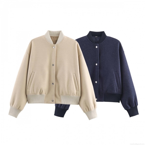 Women's Casual Oversized Wool-like Bomber Jacket Thick Polyester Solid Color Outerwear With Metal Buttons And Ribbed Cuffs For Streetwear