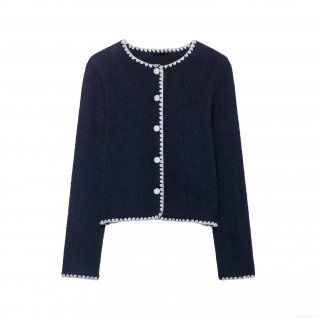 Women's Knitted Cardigan Jacket Elegant Scalloped Trim Round Neck Single Breasted Long Sleeve Wool Blend Knitted Sweater Coat For Office Daily Winter Casual