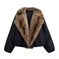 Women's Winter Fashion Casual Loose Bomber Jacket With Large Faux Fur Collar Thickened Solid Black Warm Short Outerwear For Ladies Outdoor Daily Wear