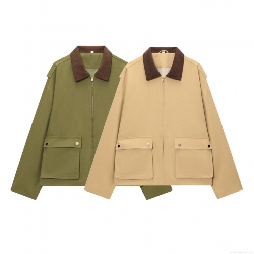 Women's Casual Workwear Jacket With Contrast Corduroy Collar Zip Front Pocket Loose Long Sleeve Coat Outerwear For Winter Daily Fashion