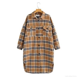 Women's Plaid Woolen Coat Winter Long Oversized Flannel Jacket Shacket With Lapel Pocket Single Breasted Casual Outerwear For Women