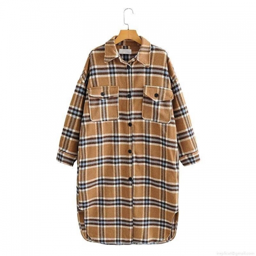 Women's Plaid Woolen Coat Winter Long Oversized Flannel Jacket Shacket With Lapel Pocket Single Breasted Casual Outerwear For Women