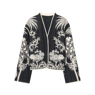 Women's V-Neck Quilted Jacket Loose Floral Palm Tree Print Casual Outerwear With Concealed Snaps Long Sleeve Warm Winter Fashion Coat