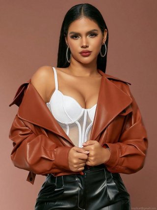 Women's Fashion PU Leather Jacket Slim Fit Solid Color Lapel Long Sleeve Mahogany Brown Faux Leather Motor Biker Coat Outerwear For Women Streetwear