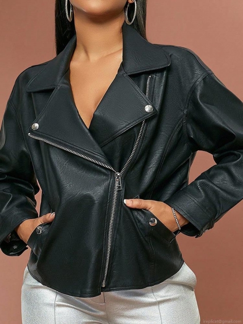 Women PU Faux Leather Biker Jacket Fashion Slim Fit Lapel Moto Coat Solid Black Zip Up Outerwear For Autumn Winter Ladies Chic Streetwear