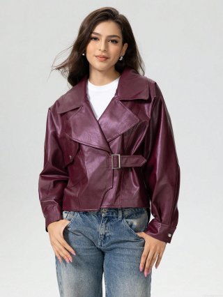Women's Burgundy PU Leather Jacket Fashion Lapel Short Biker Coat With Belt Metal Buckle Streetwear Casual Winter Autumn Outwear For Women
