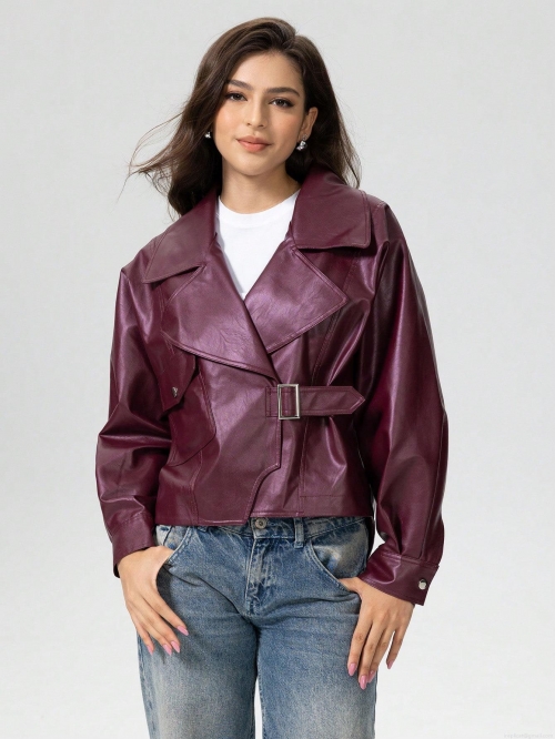 Women's Burgundy PU Leather Jacket Fashion Lapel Short Biker Coat With Belt Metal Buckle Streetwear Casual Winter Autumn Outwear For Women