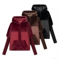 Women Hooded Patchwork Puffer Jacket With Faux Fur Trim And Long Ribbed Knit Sleeves Fashion Casual Warm Winter Coat Solid Color Outerwear For Ladies