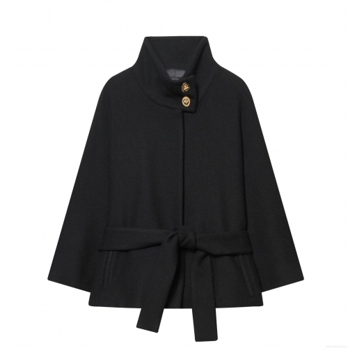 Women's Elegant Short Woolen Jacket Solid Color Stand Collar Short Coat With Gold Metal Buckles And Waist Belt Fashion Casual Outerwear For Women