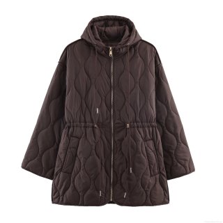 Women's Fashion Quilted Hooded Jacket Casual Dark Brown Long Sleeve Waist Drawstring Zip Up Coat With Pockets For Winter Autumn Women