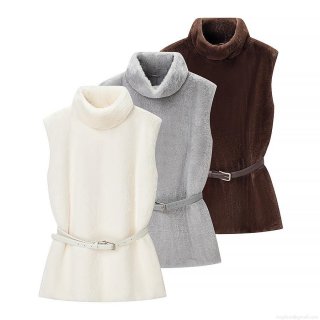 Women Fashion Faux Fur Vest With Belt High Neck Warm Sleeveless Jacket Casual Solid Color Zip Up Waistcoat For Autumn Winter