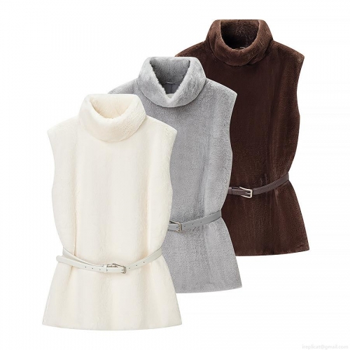 Women Fashion Faux Fur Vest With Belt High Neck Warm Sleeveless Jacket Casual Solid Color Zip Up Waistcoat For Autumn Winter