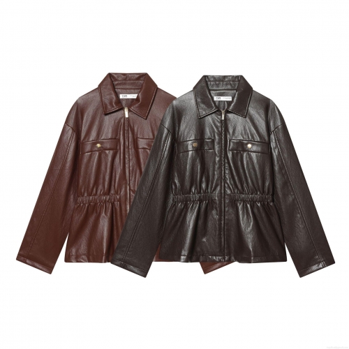 Women's Chic Faux PU Leather Jacket Turn-Down Collar Slim Fit Biker Coat With Waist Folds Zipper Short Outerwear For Women Elegant Casual Streetwear Top