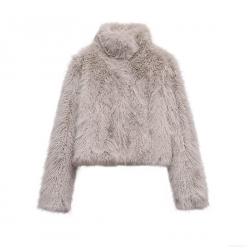 Elegant French Style Faux Fur Short Jacket Women Warm High Collar Long Sleeve Plush Coat Solid Color Commuter Winter Outerwear