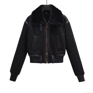 Women's Faux Suede Shearling Aviator Flight Jacket Warm Winter Zip Up Coat With Fur Collar Patchwork Leather Trim Outwear Streetwear