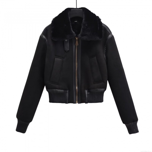 Women's Faux Suede Shearling Aviator Flight Jacket Warm Winter Zip Up Coat With Fur Collar Patchwork Leather Trim Outwear Streetwear