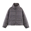 Women's Retro Plaid Padded Jacket Warm Stand Collar Zipper Quilted Coat With Drawstring Hem Relaxed Fit Puffer Outerwear For Autumn Winter