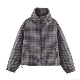 Women's Retro Plaid Padded Jacket Warm Stand Collar Zipper Quilted Coat With Drawstring Hem Relaxed Fit Puffer Outerwear For Autumn Winter