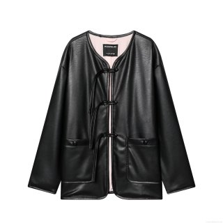 Women's New Chinese Style PU Leather Jacket Vintage Frog Button Closure Loose Long Sleeve Short Coat Solid Black Fashion Outerwear For Ladies