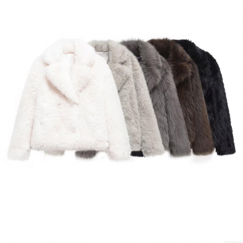 Women Faux Fur Coat Elegant Winter Warm Plush Short Jacket Lapel Long Sleeve Solid Color Outwear French Vintage Style Ladies Casual Party Overcoat