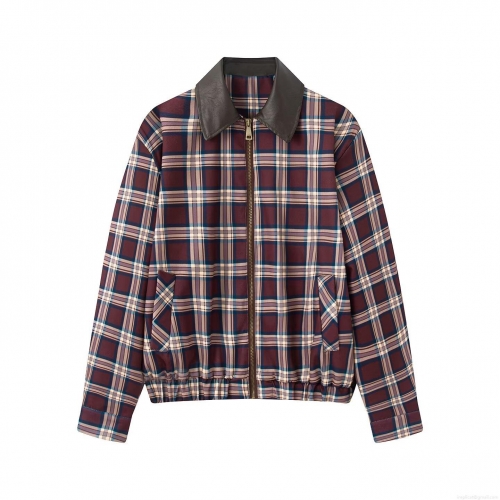 Women's Fashion Plaid Jacket Coat With PU Leather Contrast Collar Retro Streetwear Zipper Long Sleeve Outwear For Autumn Winter Ladies