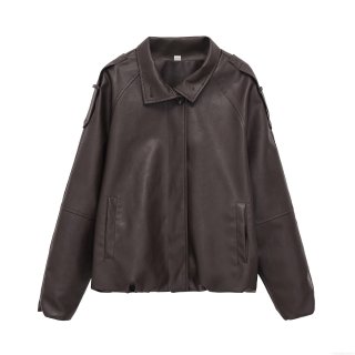 Women's Fashion PU Leather Jacket Loose Casual Short Moto Biker Coat With Turn-down Collar And Zipper Closure Solid Color Faux Leather Outwear With Polyester Lining For Women