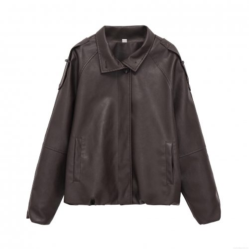 Women's Fashion PU Leather Jacket Loose Casual Short Moto Biker Coat With Turn-down Collar And Zipper Closure Solid Color Faux Leather Outwear With Polyester Lining For Women