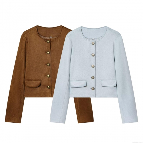 Women's Elegant Short Faux Suede Jacket Round Neck Single Breasted Metal Buttons Long Sleeve Solid Color Retro Casual Outwear Coat