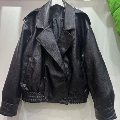 Women's Faux PU Leather Biker Jacket Oversized Lapel Zipper Long Sleeve Casual Solid Color Short Coat Streetwear Outwear