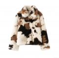 Women's Fashion Cow Print Faux Fur Jacket Winter Warm Lapel Collar Metal Zipper Closure Long Sleeve Animal Print Short Coat Outerwear For Women