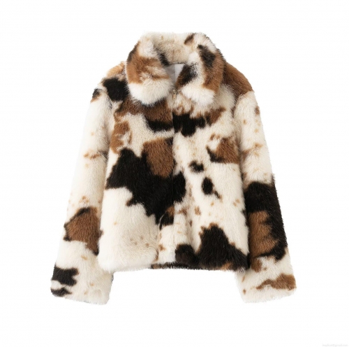 Women's Fashion Cow Print Faux Fur Jacket Winter Warm Lapel Collar Metal Zipper Closure Long Sleeve Animal Print Short Coat Outerwear For Women